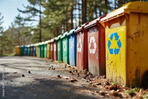  Row of multicolored trash cans with recycle symbols on them. Eco recycling concept