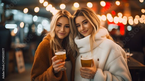 photo of two young blond hair girls holding beer glass