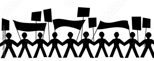 Personengruppe als Silhouette mit Bannern und Tafeln