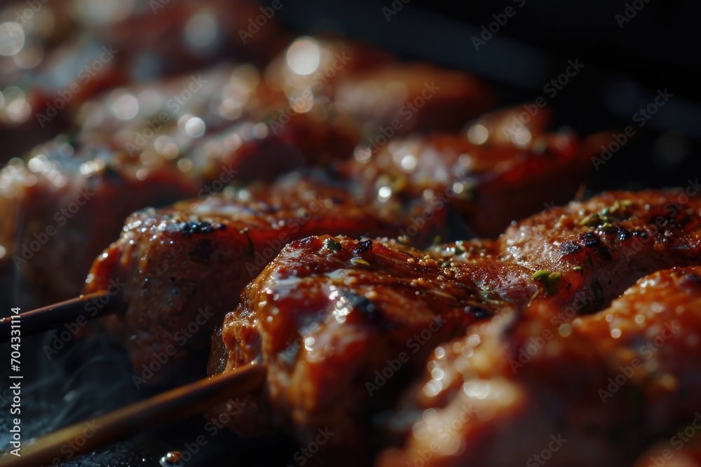 Skewered meat grilling on a barbecue grill. Perfect for food lovers and backyard cookouts
