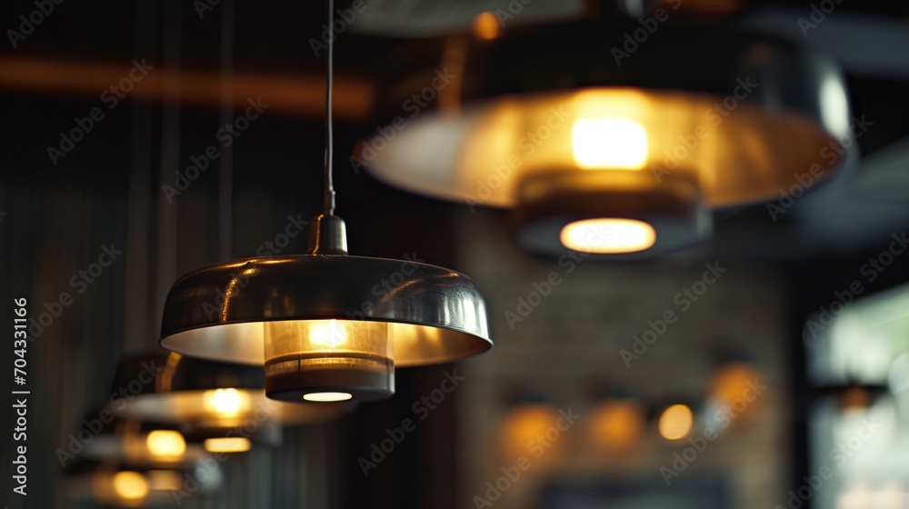 A picture showcasing a number of lights hanging from a ceiling. Perfect for adding a modern touch to any interior space