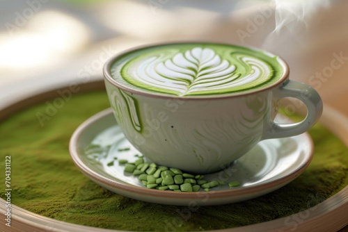 A cup of green tea placed on a saucer. Suitable for various uses
