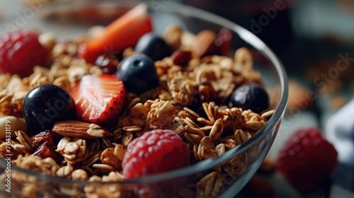 A delicious bowl of granola topped with fresh berries and crunchy nuts. Perfect for a healthy breakfast or snack