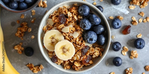 A delicious bowl of granola topped with fresh bananas and juicy blueberries. Perfect for a healthy breakfast or snack
