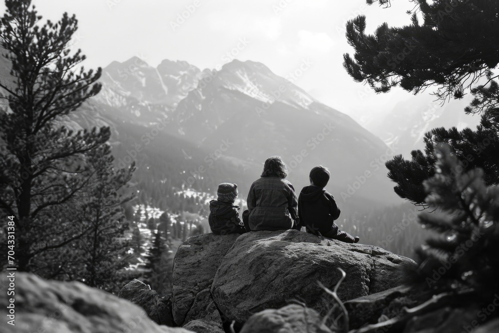 Fototapeta premium A group of people sitting on top of a rock. Can be used to illustrate friendship, teamwork, or enjoying outdoor activities