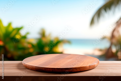 Empty wooden table in front pool bar background, product display montage. © KEA