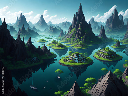 A valley filled with floating islands, each hosting a unique ecosystem and inhabitants (1)