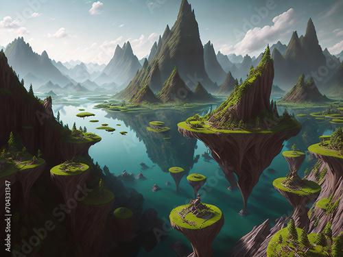 A valley filled with floating islands, each hosting a unique ecosystem and inhabitants (2)