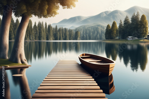 Wald mit See und Ruderboot Steg als  Hintergrund photo