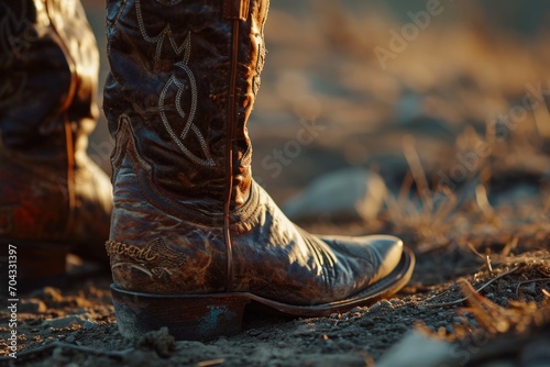 A detailed close-up of a pair of cowboy boots. Perfect for Western-themed designs or showcasing rugged style