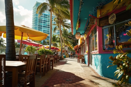 A picture of a sidewalk with tables and umbrellas, perfect for showcasing outdoor dining options. This image can be used to promote restaurants, cafes, and other establishments with outdoor seating © Fotograf
