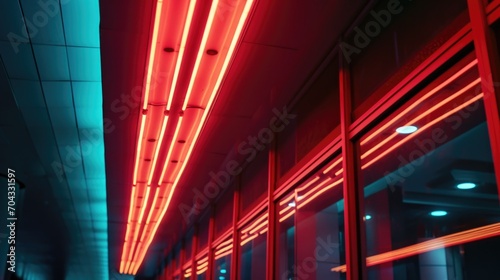 A picture of a long hallway illuminated by red neon lights. Perfect for adding a futuristic and vibrant touch to any project or design
