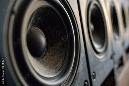 Close-up view of a pair of speakers. Ideal for music-related projects or sound system advertisements