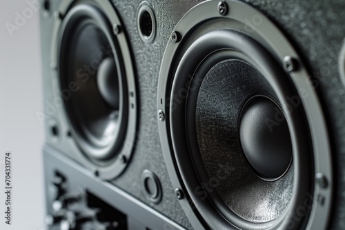 A detailed view of a pair of speakers. Perfect for music enthusiasts and audio professionals