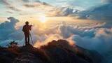 A man stands on top of a mountain, holding a camera. This picture can be used to depict adventure, travel, photography, and exploration