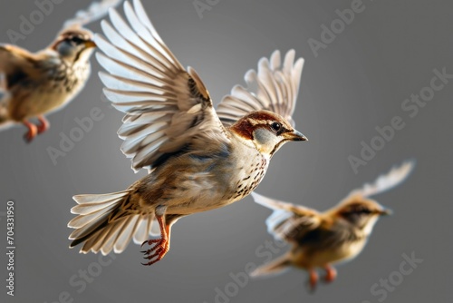 A group of birds flying through the air. This image can be used to depict freedom, nature, wildlife, or migration