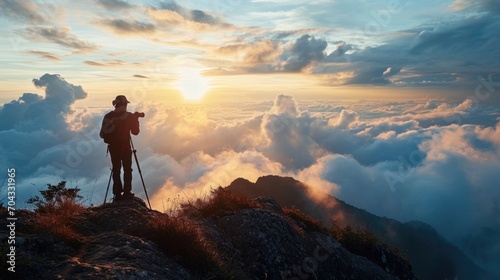 A man stands on top of a mountain, holding a camera. This picture can be used to depict adventure, travel, photography, and exploration © Fotograf