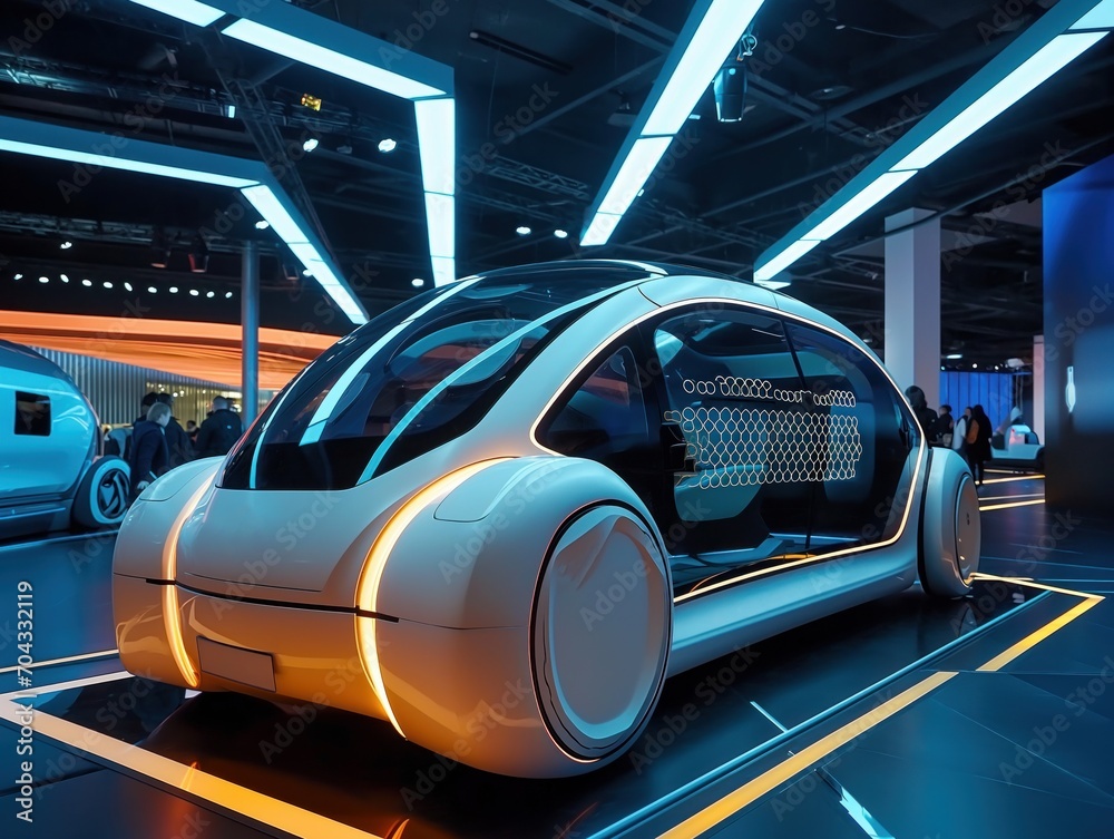 A futuristic Artificial Intelligence Car participating in an autonomous vehicle demonstration in a technology expo hall