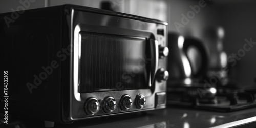 A toaster oven sitting on top of a counter. Perfect for small kitchens or quick meals