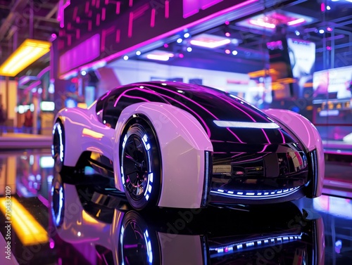 A futuristic Artificial Intelligence Car participating in an autonomous vehicle demonstration in a technology expo hall © CG Design