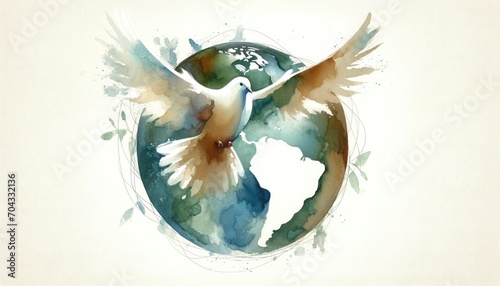Fototapeta Naklejka Na Ścianę i Meble -  Dove of peace with Earth in the background. Watercolor digital painting.