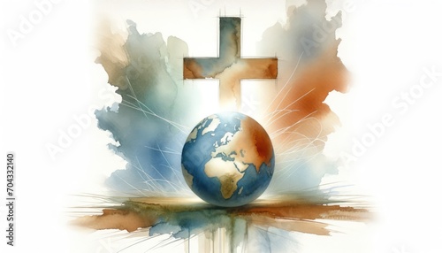 Earth and cross on a white background with watercolor splashes. Watercolor digital painting. photo