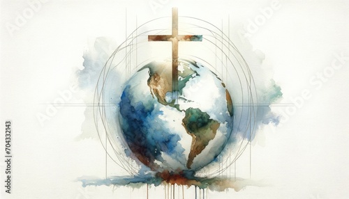 Watercolor illustration of a Christian cross on earth on a white background. Digital painting. photo