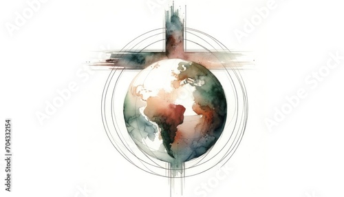 Earth with a Christian cross on a white background. Watercolor digital painting.