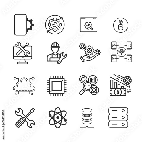 Icon set. It's service. Operator improvements to the software. Illustrations vector 