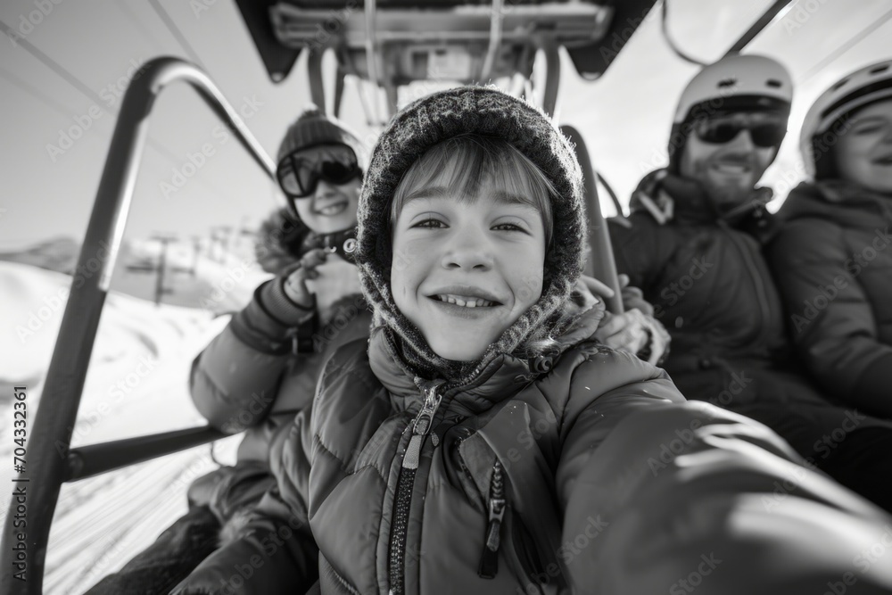 A group of people enjoying a ride on a ski lift. Perfect for winter sport and adventure-themed projects A group of people enjoying a ride on a ski lift. Perfect for winter sport and adventure-themed projects