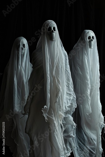 Three ghostly dressed people standing together. Suitable for Halloween-themed designs and spooky concepts