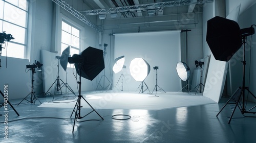 A professional photo studio filled with various lighting equipment. Ideal for photographers and photography enthusiasts photo