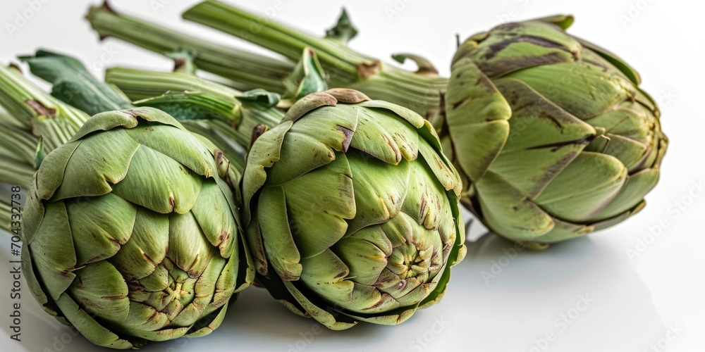 A group of artichokes sitting on top of a white table. Suitable for food and culinary themes A group of artichokes sitting on top of a white table. Suitable for food and culinary themes