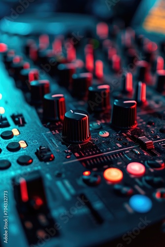 A detailed view of a sound board featuring red and black knobs. This image can be used to illustrate audio mixing, sound engineering, or music production.