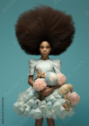 hyperrealistic portrait of a woman with a huge afro, in the style of hip-hop culture exploration. photo