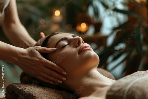 young beautiful woman enjoying a massage from a cosmetologist against a background of green plants in a spa center. hands of a cosmetologist doing a facial massage