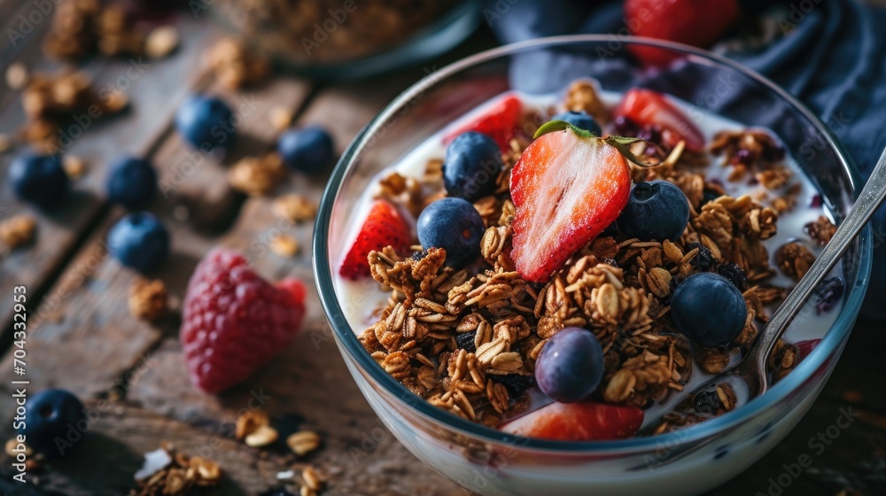 A delicious bowl of granola topped with fresh strawberries and blueberries. Perfect for a healthy breakfast or snack - obrazy, fototapety, plakaty 