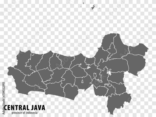 Blank map Central Java province of  Indonesia. High quality map Central Java with municipalities on transparent background for your web site design, logo, app, UI.  Indonesia.  EPS10. 