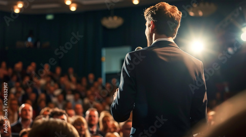 Speaker on stage and speaking at a business meeting. Audience in the conference room. Business, entrepreneurship or elective program.