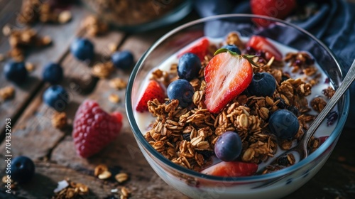 A delicious bowl of granola topped with fresh strawberries and blueberries. Perfect for a healthy breakfast or snack photo