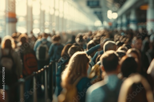 A group of people waiting in a queue at an airport. Suitable for travel-related projects