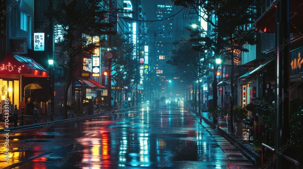 A city street glistening with rain at night, illuminated by the glowing lights. Perfect for urban and nightlife-themed projects