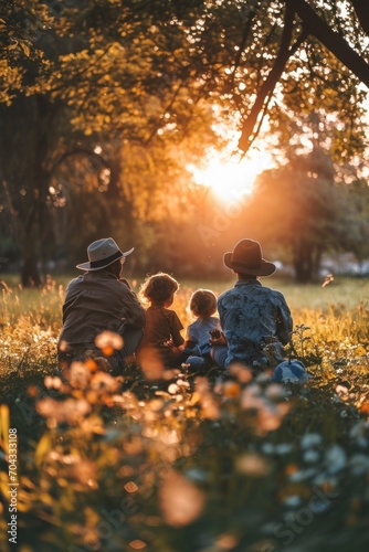 A family sitting together in a field, enjoying the beautiful sunset. Perfect for family bonding, nature, and relaxation concepts © Fotograf