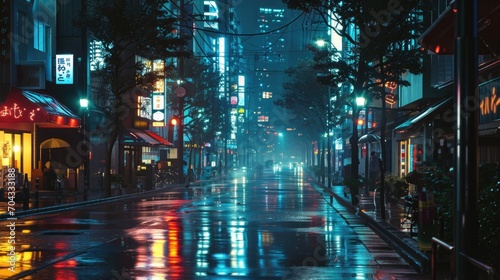 A city street glistening with rain at night  illuminated by the glowing lights. Perfect for urban and nightlife-themed projects