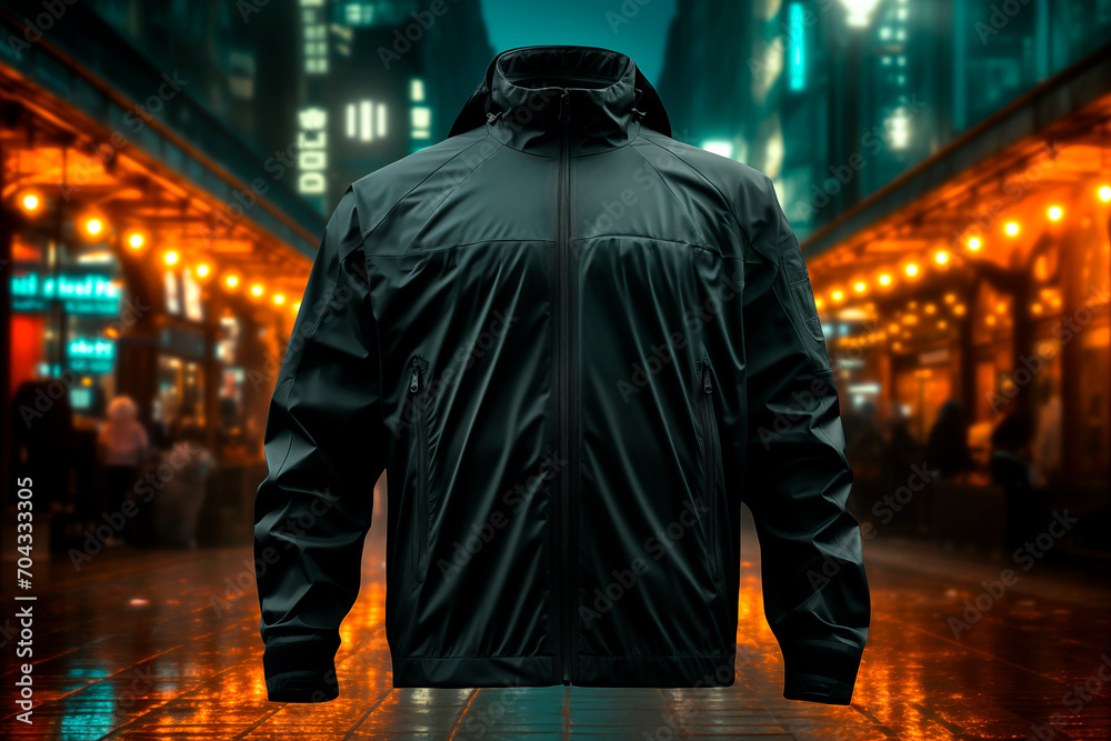 Mockup of black waterproof jogging jacket  on neon street light background