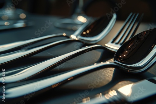 A detailed view of silverware arranged neatly on a table. Perfect for showcasing table settings or dining experiences