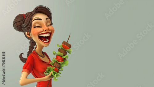 Lustige witzige lachende Frau mit leckeren Fleischspieß als Cartoons für Poster, ai generativ photo