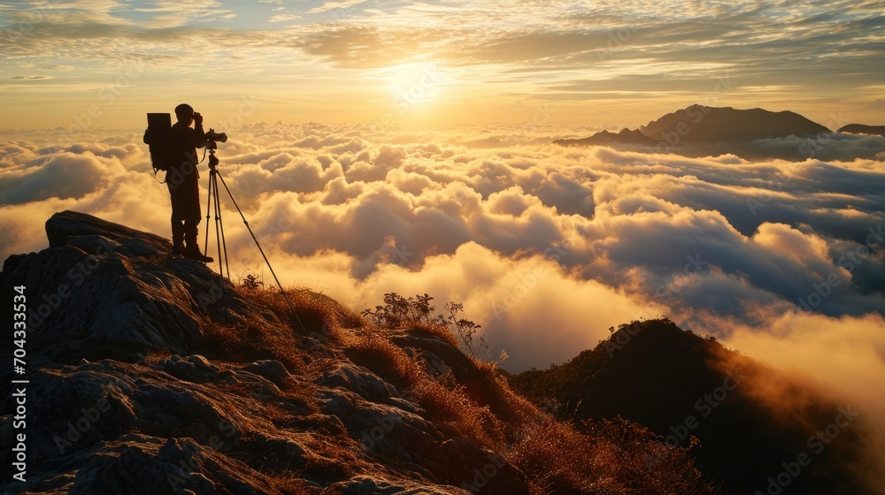 Fototapeta premium A man stands on top of a mountain, capturing the breathtaking view with his camera. Perfect for travel and adventure themes