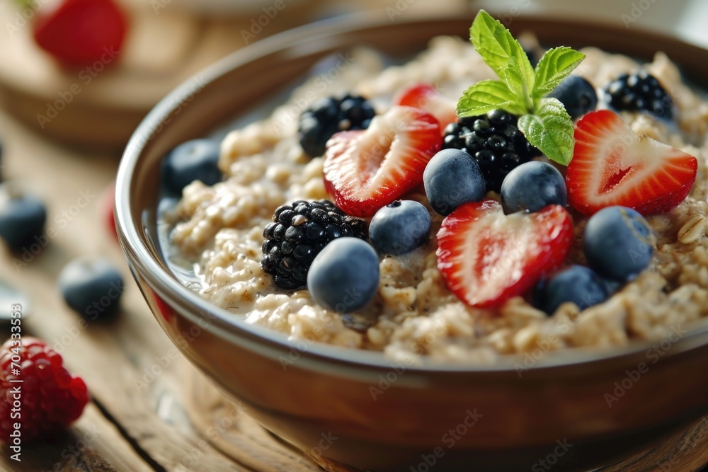 A delicious bowl of oatmeal topped with fresh berries and garnished with mint leaves. Perfect for a healthy breakfast or brunch option.