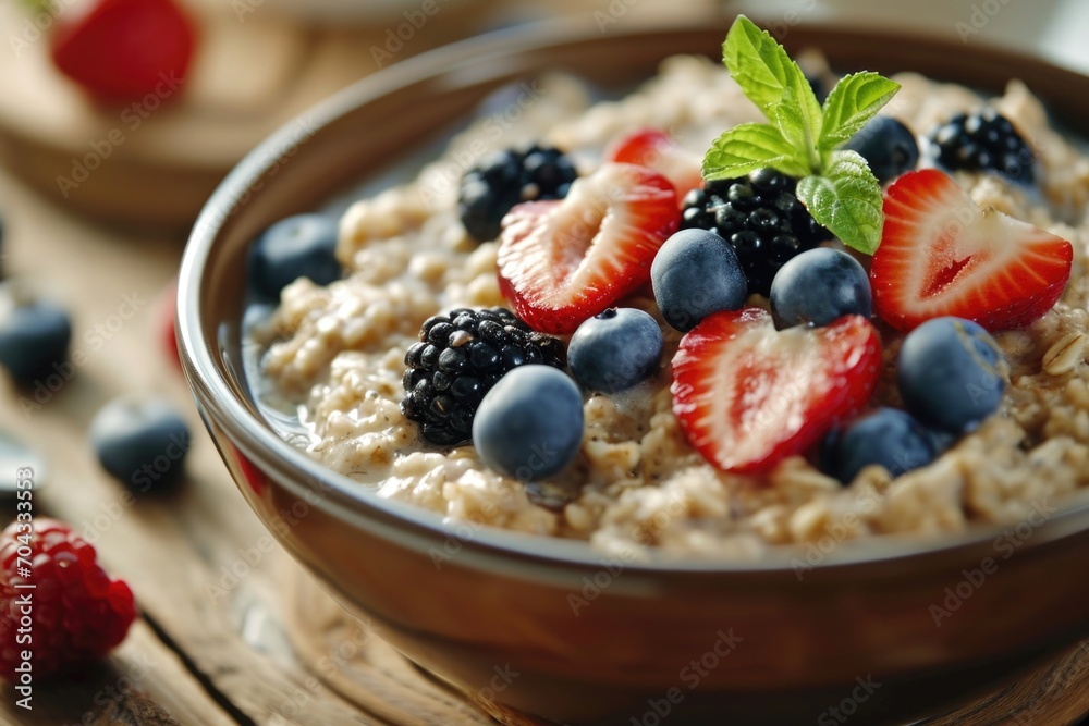 A delicious bowl of oatmeal topped with fresh berries and garnished with mint leaves. Perfect for a healthy breakfast or brunch option. A delicious bowl of oatmeal topped with fresh berries and garnished with mint leaves. Perfect for a healthy breakfast or brunch option.